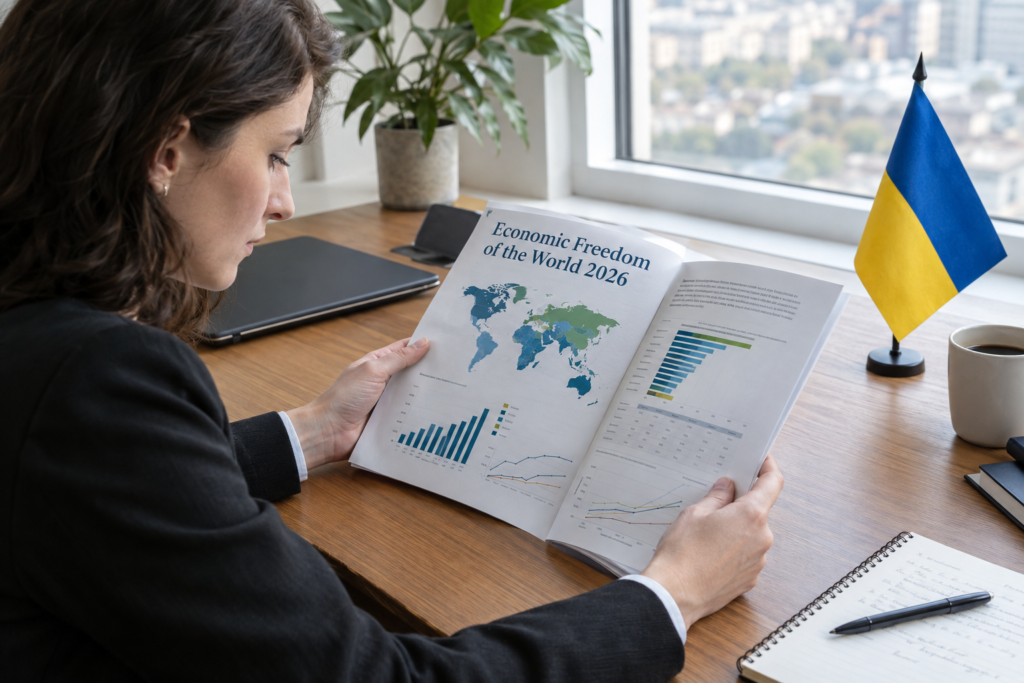 Журналіст переглядає звіт Economic Freedom of the World 2026 на столі лежить український прапор