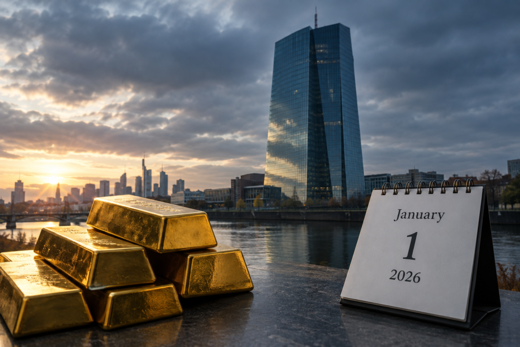 Будівля ЄЦБ на тлі злитків золота та календаря з датою 1 січня 2026