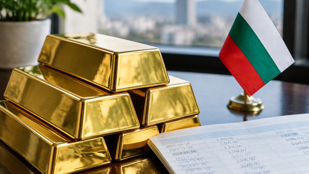 Злитки золота поруч із банківським реєстром і прапором Болгарії