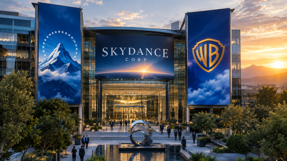 Головний офіс нового медіагіганта Skydance Corp із банерами Paramount і Warner Bros