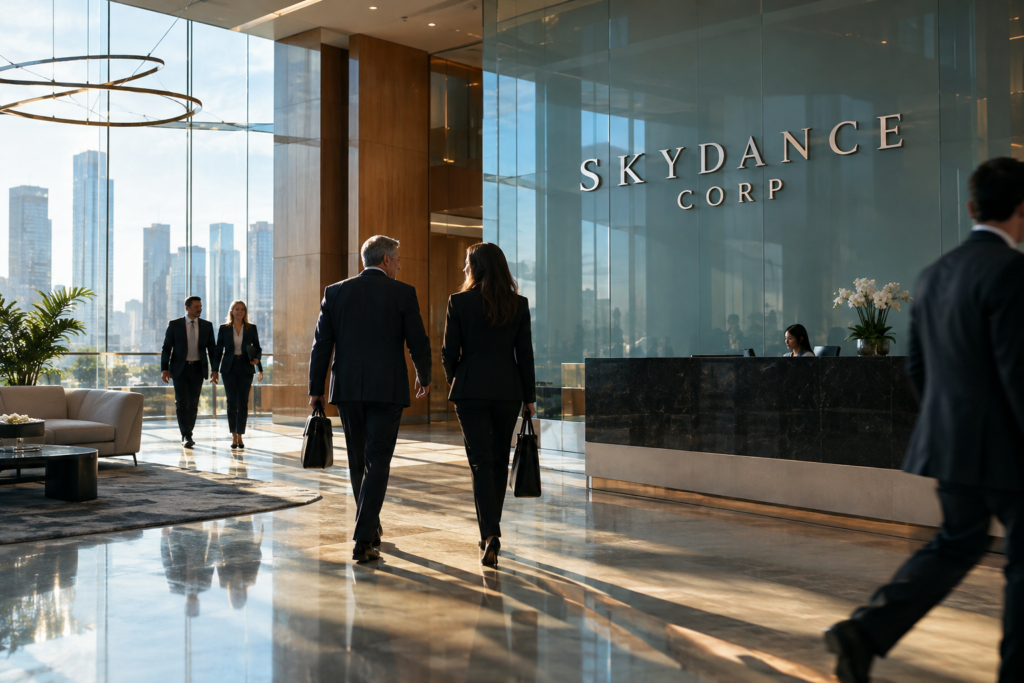 Лобі офісу Skydance Corp із логотипом на скляній стіні