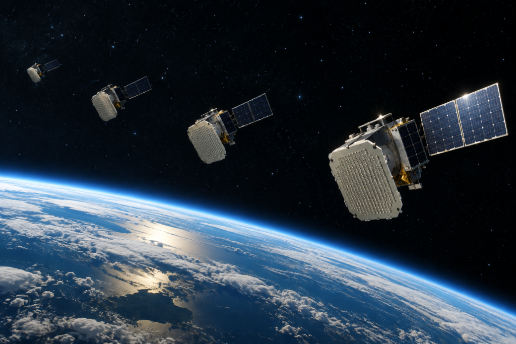 Скупчення супутників Starlink на орбіті з фазованими антенами на тлі горизонту Землі