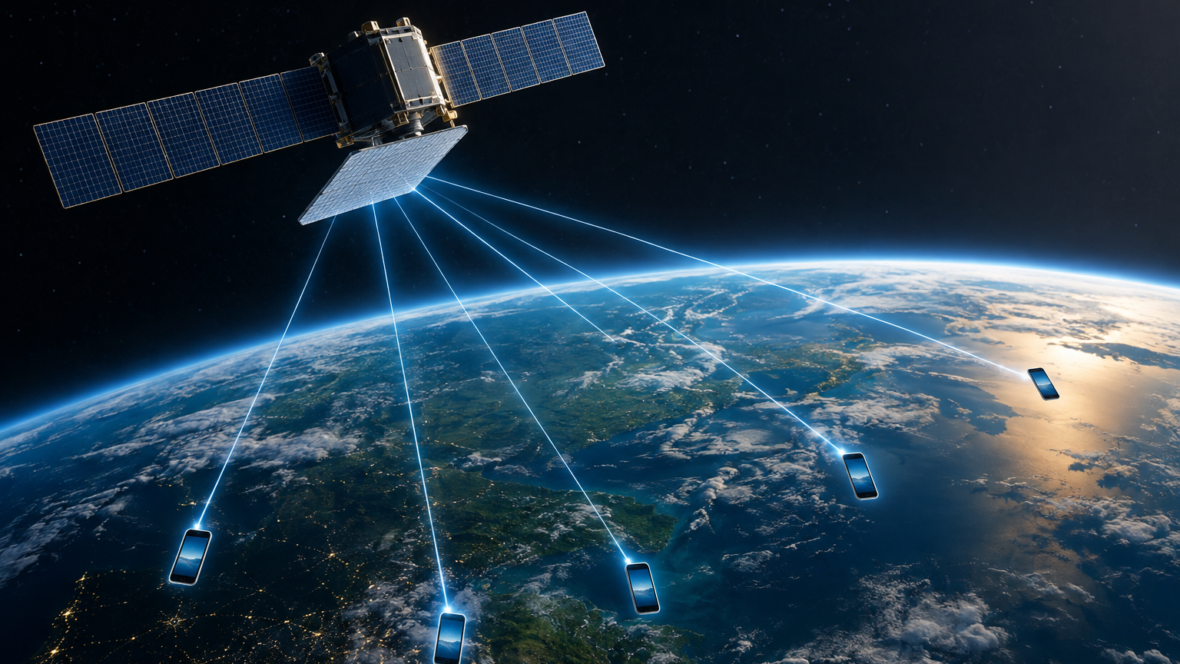 Супутник Starlink нового покоління над Землею з графікою зв'язку до смартфонів