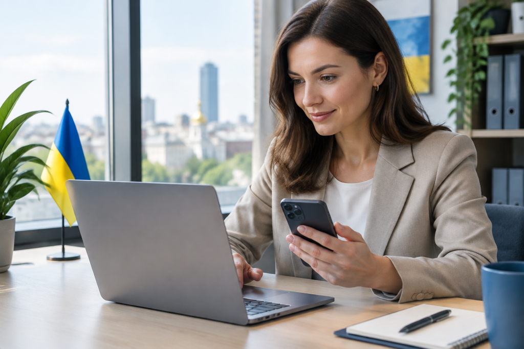 підприємець користується ноутбуком і смартфоном для дистанційного відкриття рахунку