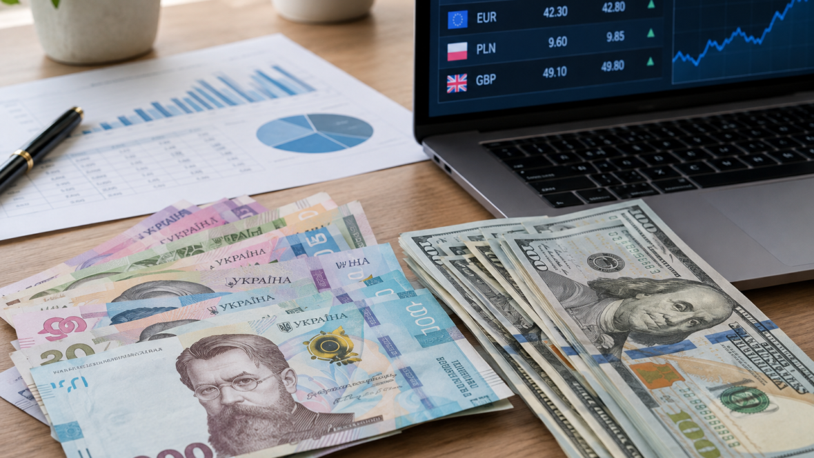 купюри гривні і долара на столі поряд із фінансовим звітом і ноутбуком з курсами