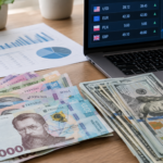 купюри гривні і долара на столі поряд із фінансовим звітом і ноутбуком з курсами