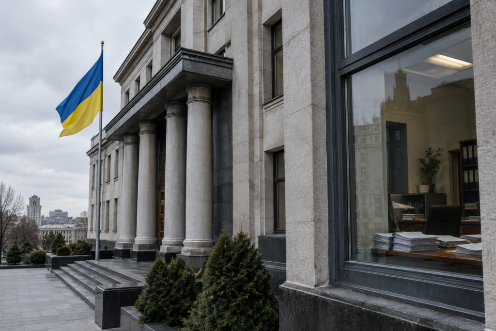 Фасад установи регулятора з прапором України та нотатками на столі