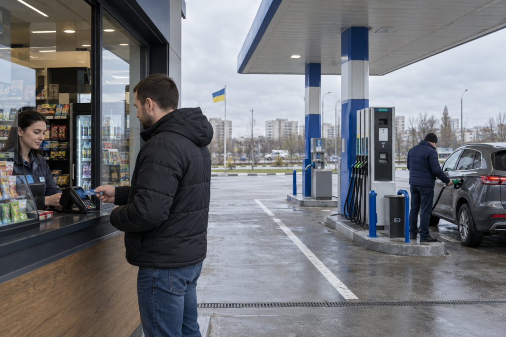 АЗС з клієнтами, оплата карткою, термінал і колонки