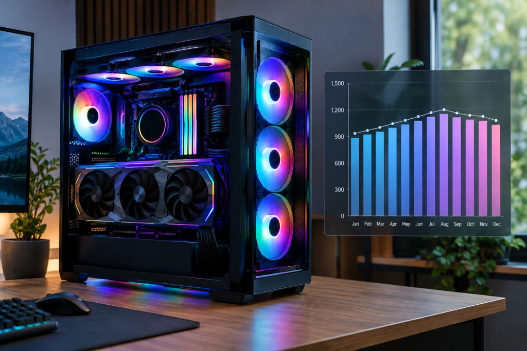 потужний ігровий ПК з RTX 5090 та Core Ultra 9 285K і графіком споживання 1100–1200 кВт·год