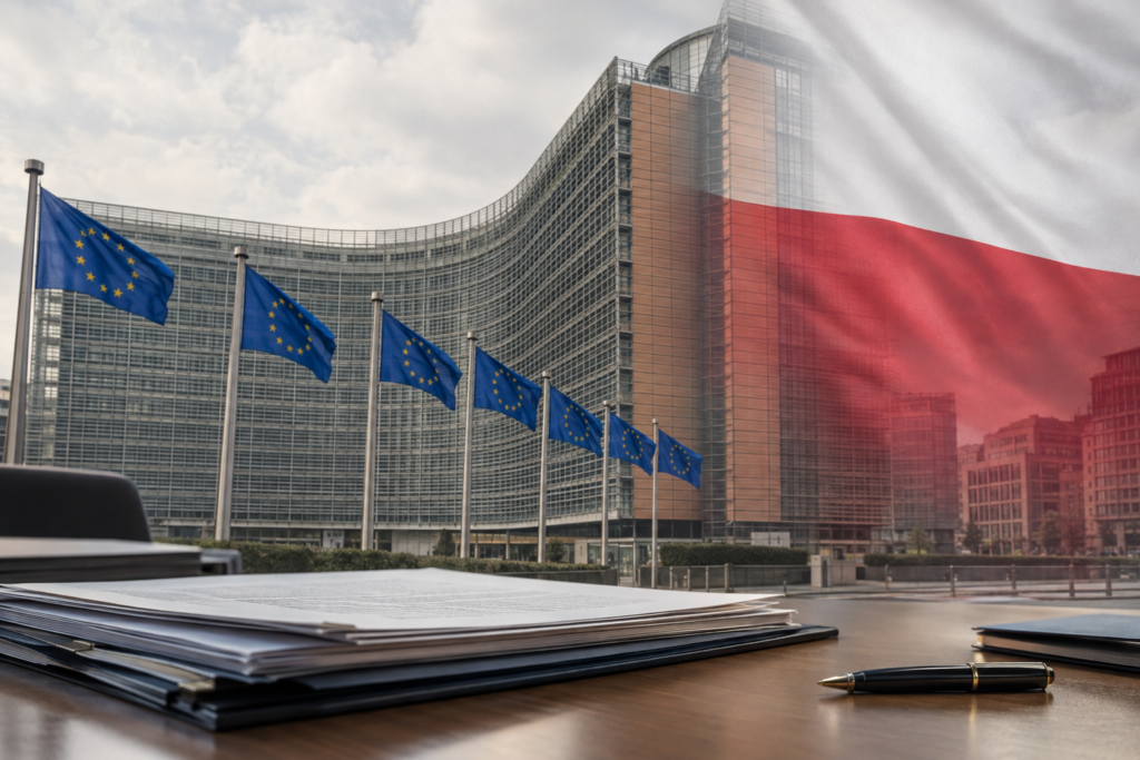 Будівля Європейської Комісії у Брюсселі з польським прапором на тлі