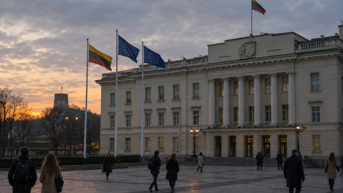 Будівля уряду Литви з людьми на площі ввечері