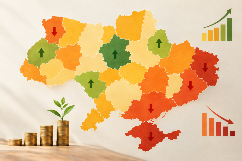 карта України з підсвіченими регіонами і змінами доходів