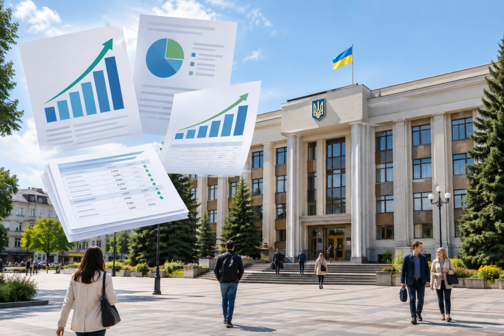 місцевий будинок ради на тлі символічних графіків доходів