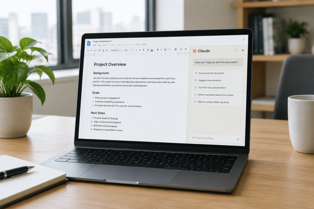 Лаптоп із відкритим Google Docs і бічною панеллю Claude