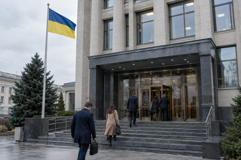 Будівля Національного банку України з українським прапором на передньому плані