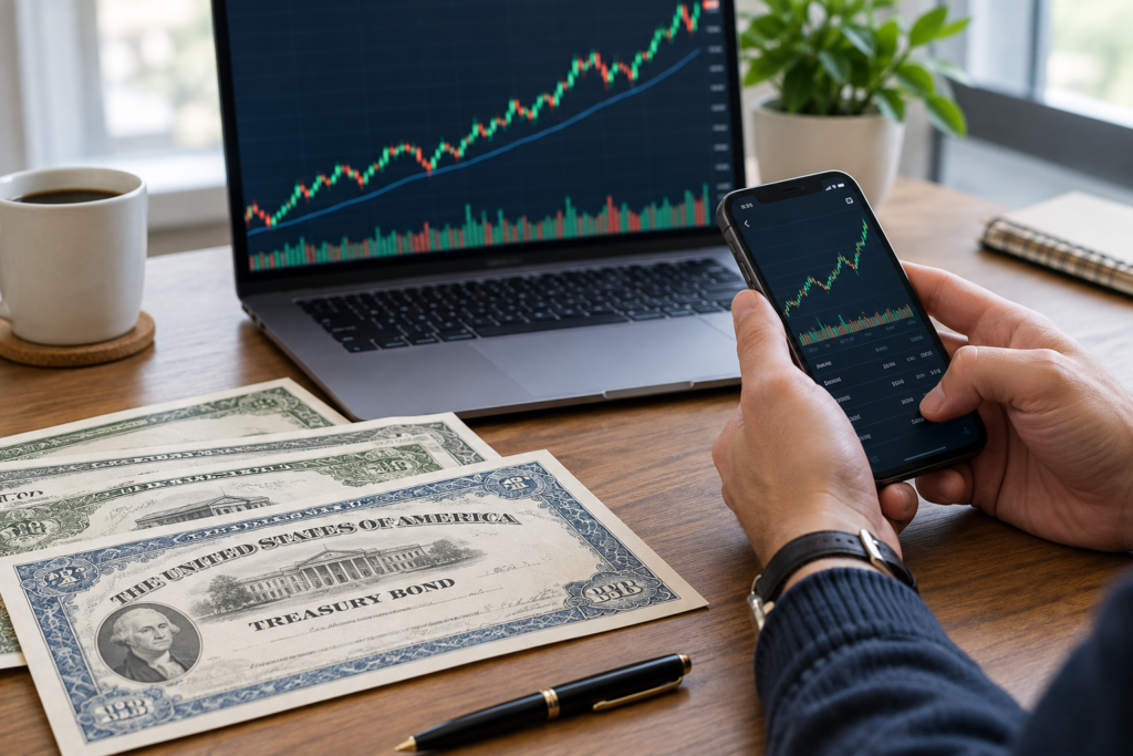 Крупний план казначейських облігацій США та графік зростання S&P 500 на екрані, руки інвестора з телефоном