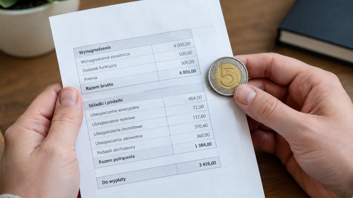 руки тримають платіжну відомість і монету злотого
