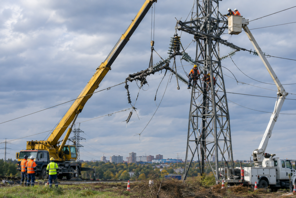 енергетики ремонтують високовольтне обладнання біля пошкоджених ліній на тлі міста