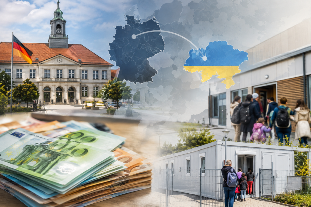 урядові будівлі, центр підтримки біженців і банкноти євро, що символізують витрати в Німеччині