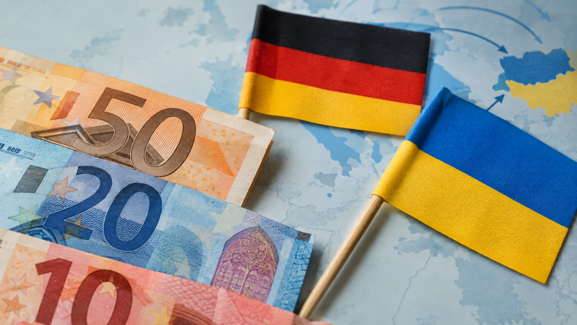 банкноти євро із прапорами Німеччини та України що символізують міжнародну допомогу