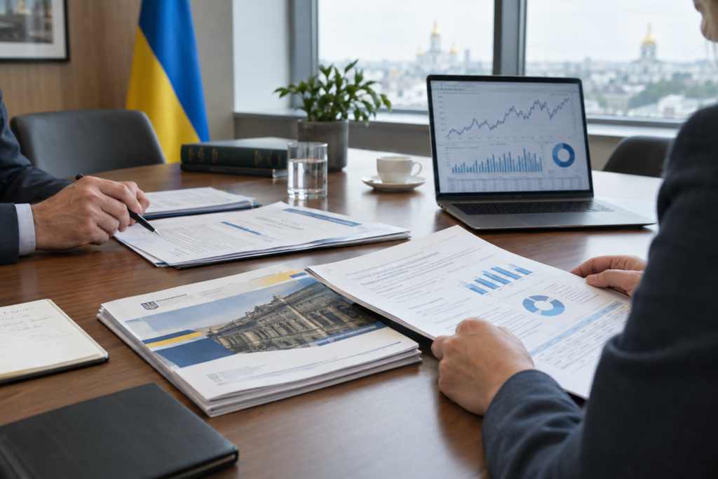 Документи НБУ на столі в офісній кімнаті, звіти з фінмоніторингу та ноутбук з графіком