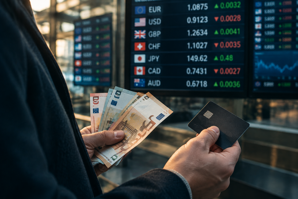 рука з готівкою і платіжною карткою на фоні табло обмінного курсу українською