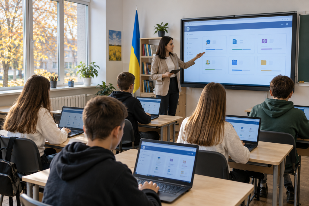 Вчитель і учні в класі з ноутбуками на фоні екрану з платформою Всеукраїнська школа онлайн