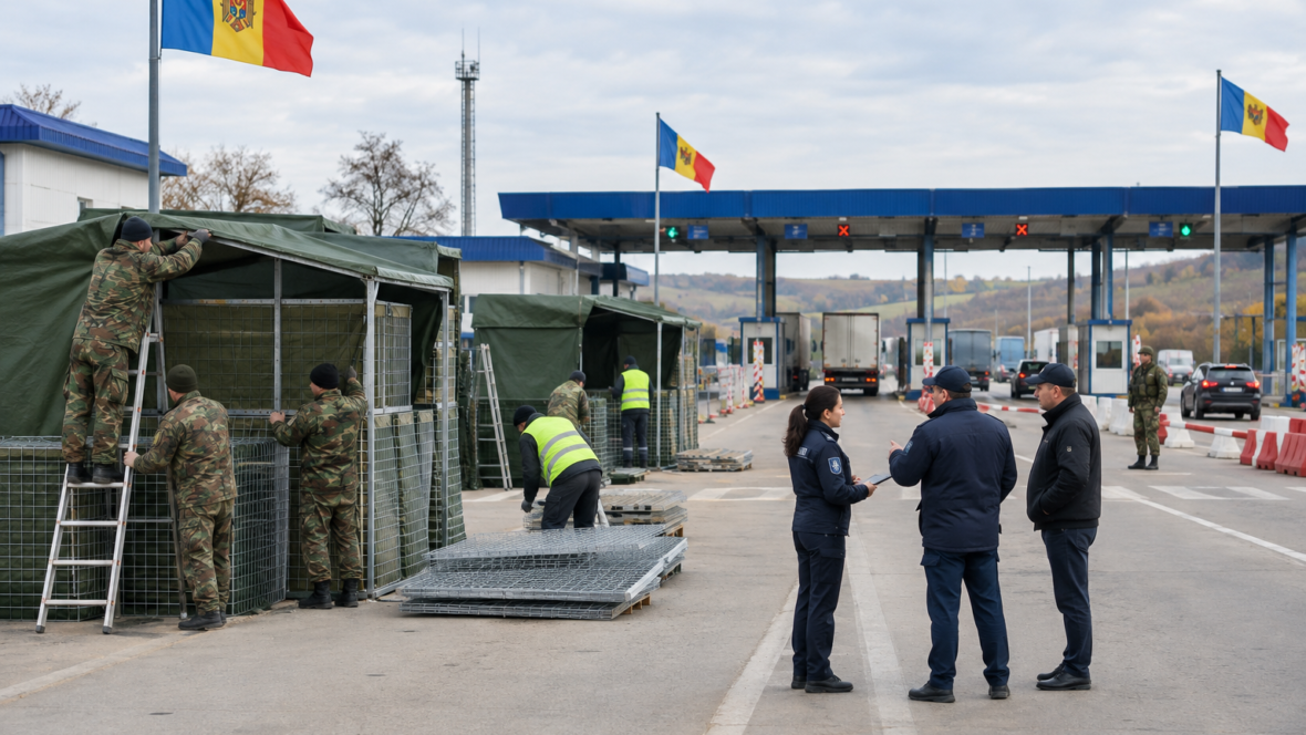 shelter at the checkpoint with Moldovan flags and staff