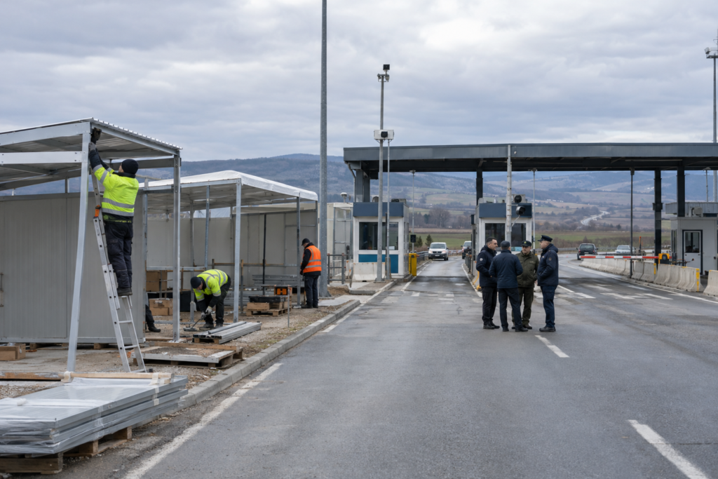 workers building shelters at a border checkpoint