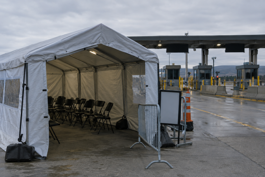 temporary shelter at a checkpoint with a control booth in the background