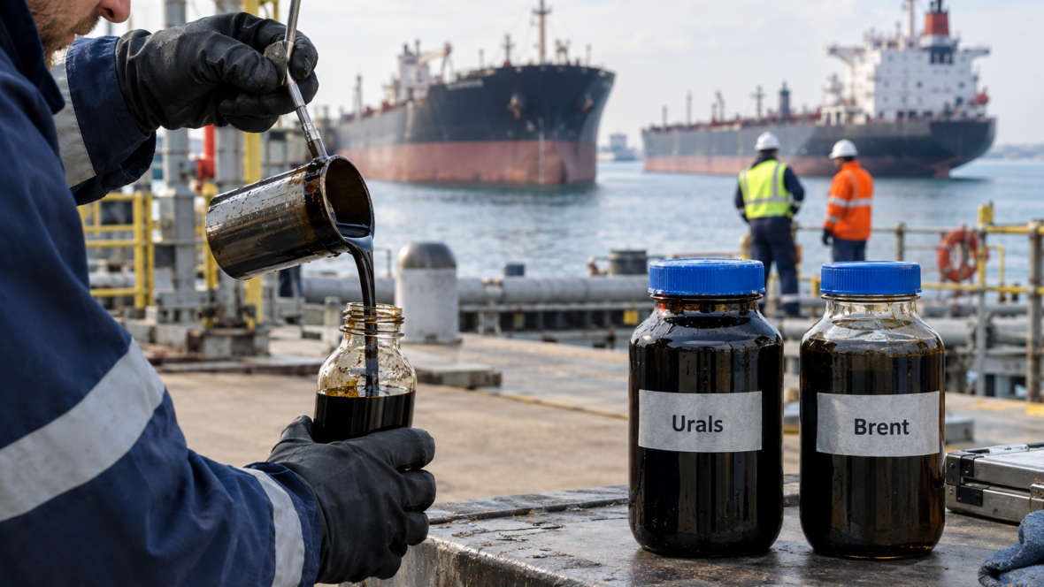 Відбір проб нафти Urals біля причалу НПЗ на тлі танкерів