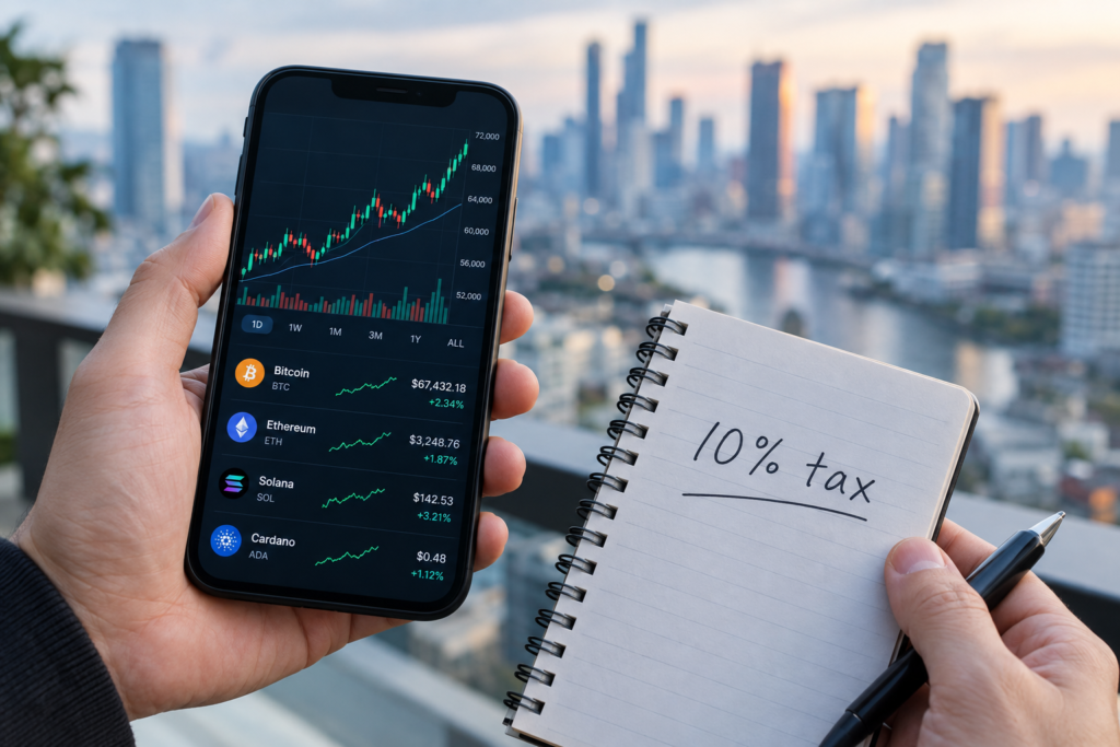 руки з телефоном що показує криптографіки та запис про 10% податок