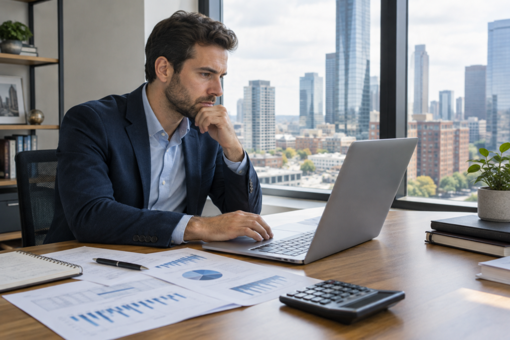 An investor examines a financial model on a laptop against a backdrop of city buildings