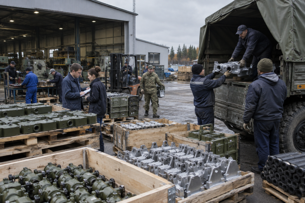 Майстерня оборонної промисловості з працівниками і вантаженням комплектуючих