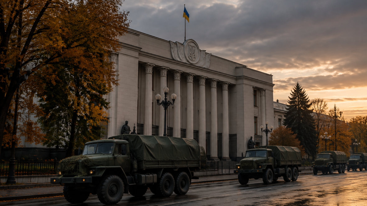 Урядова будівля на фоні колон військових вантажівок і похмурої атмосфери