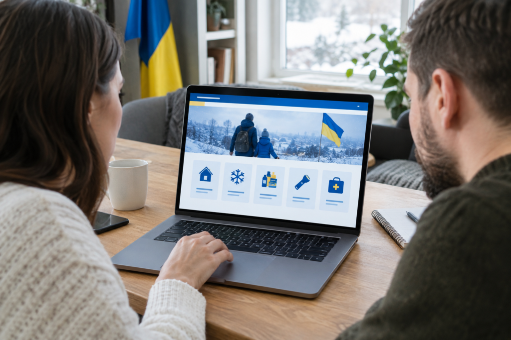 Люди переглядають портал єОпора на ноутбуку, іконки підготовки до зими, елементи прапора України
