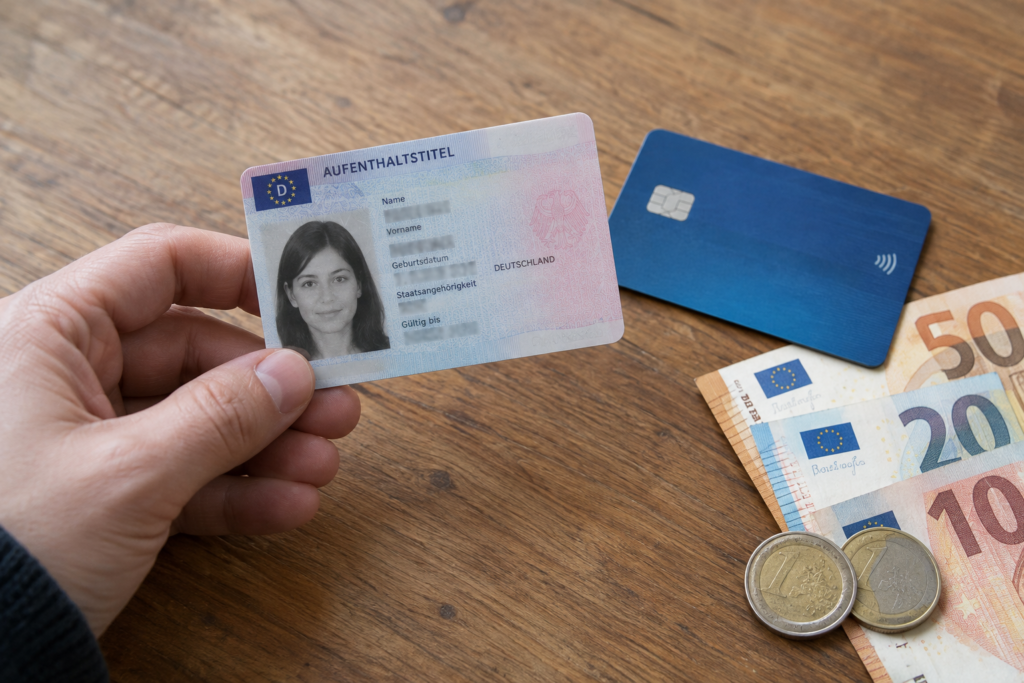 Рука тримає німецьку посвідку поруч з банківською карткою і готівкою на столі
