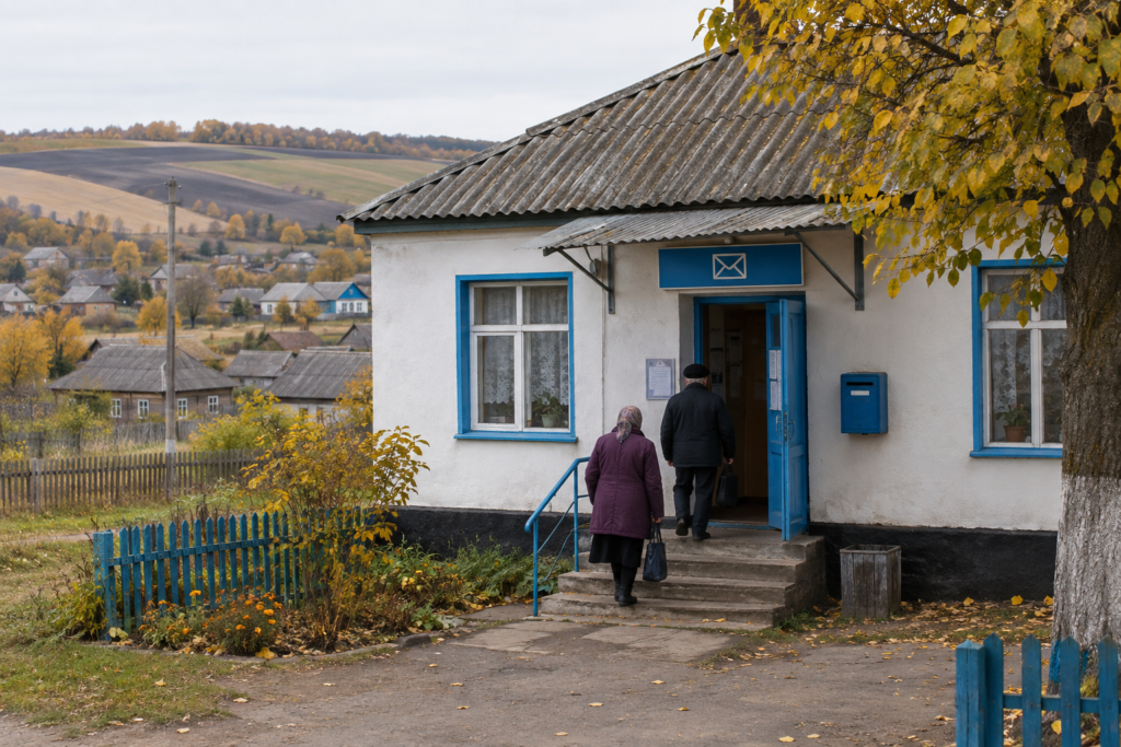 Невелике сільське відділення Укрпошти восени на тлі села