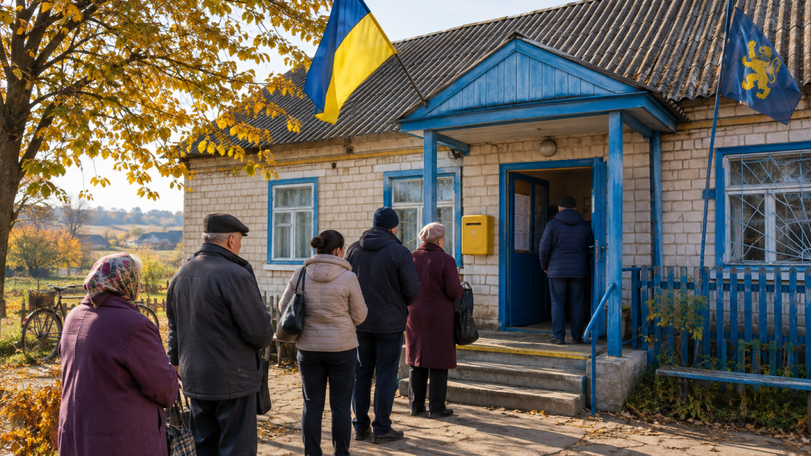 Зовнішній вигляд сільського відділення Укрпошти з чергою людей восени
