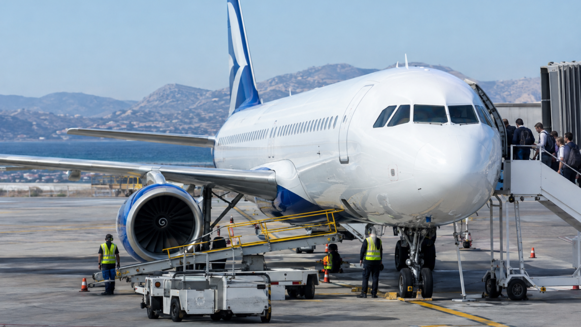 Літак Aegean Airlines у гейт з обслуговуючим персоналом