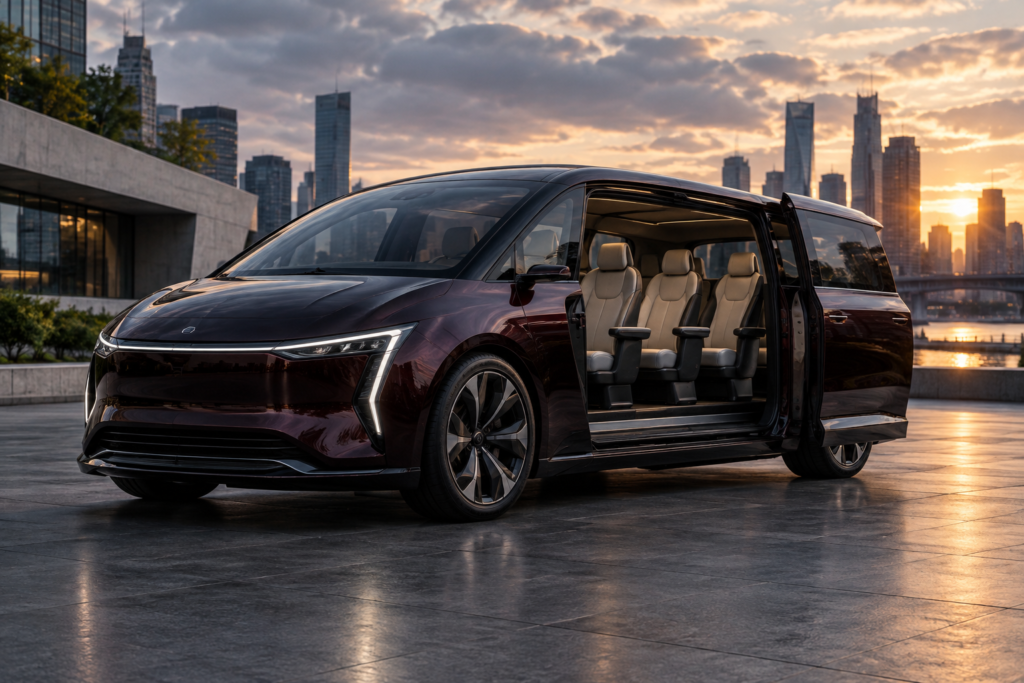 Renault E-Space вид спереду три чверті у Ruby Black з відкритими дверима та шістьма кріслами українською