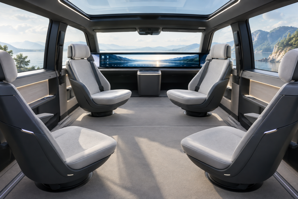 Інтер’єр Renault E-Space з шістьма поворотними сидіннями і широким дисплеєм OpenR Panorama українською