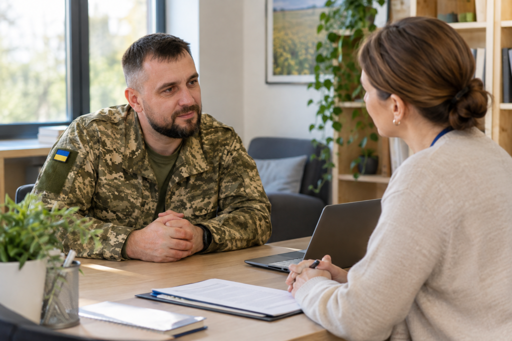 Ветеран на консультації з фахівцем у сучасному офісі
