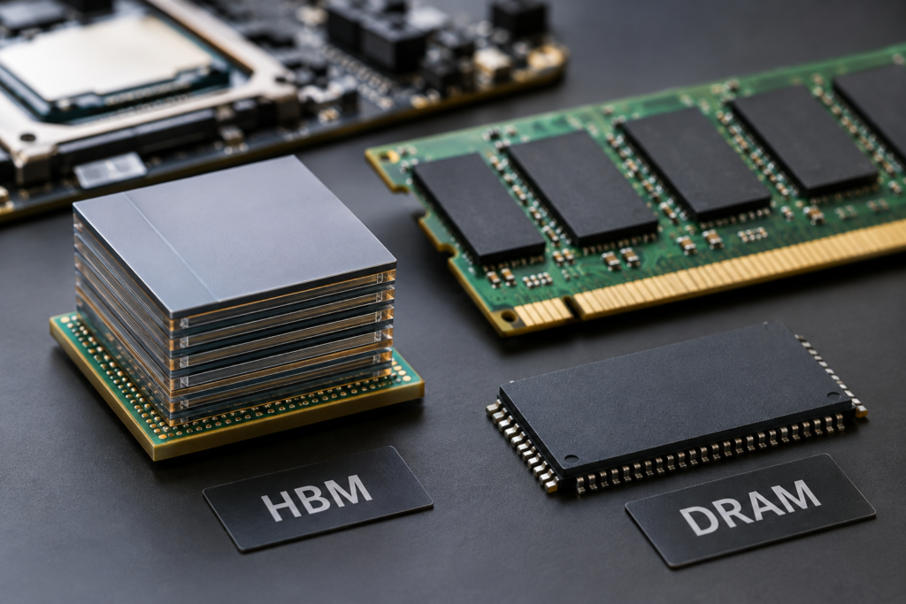 Крупний план чипів пам'яті HBM і DRAM з детальною передачею текстур