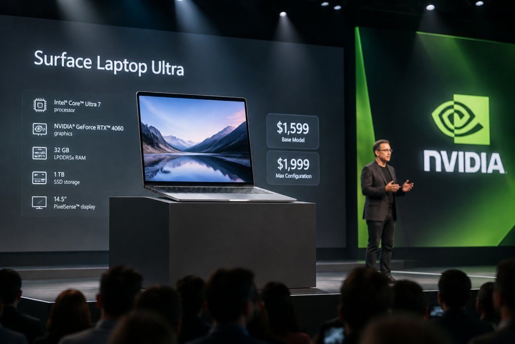 ноутбук Surface Laptop Ultra на сцені презентації з логотипом Nvidia і накладеним описом конфігурацій