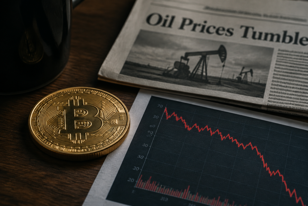 Монета Bitcoin на фоні графіка падіння і газетного заголовка про ціни на нафту