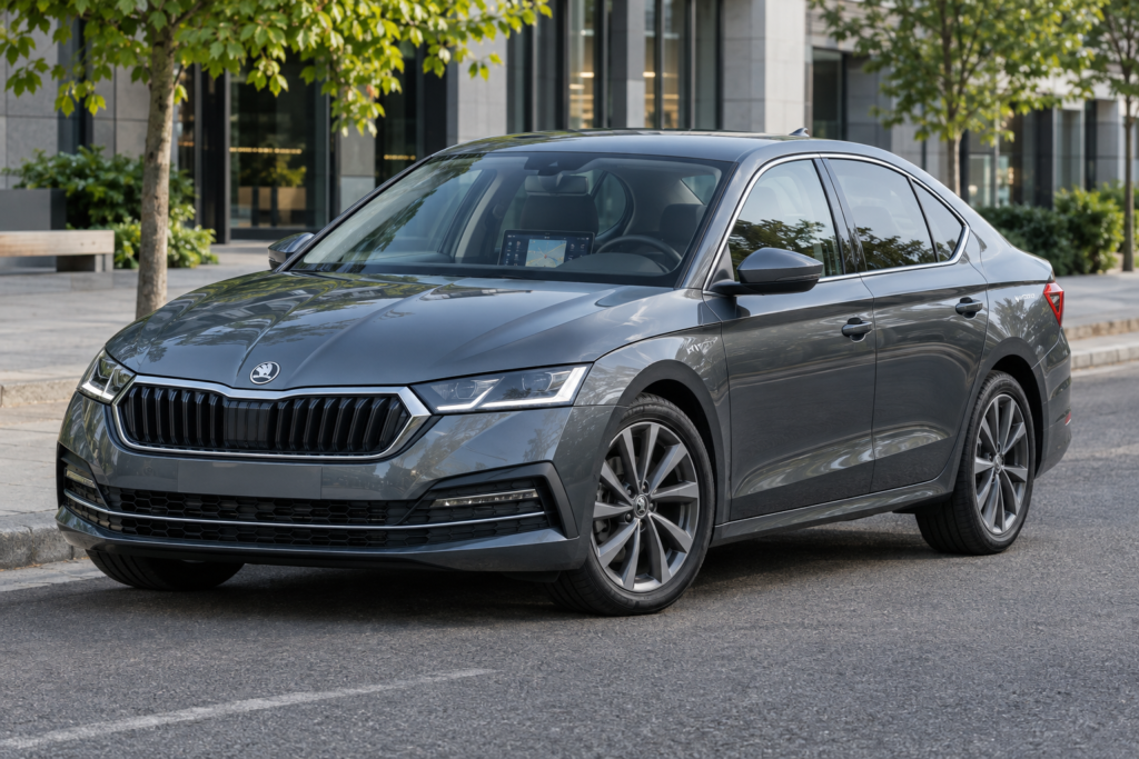 Skoda Octavia Hybrid збоку переднім планом із позначенням Hybrid