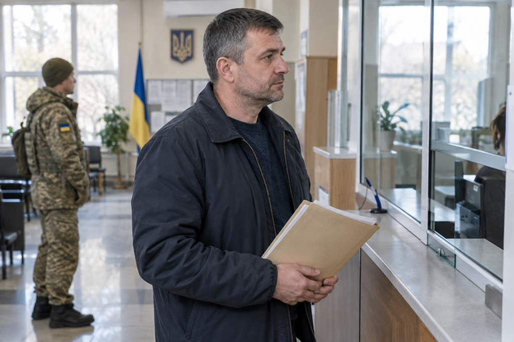 Чоловік у цивільному тримає папки у відділі, на задньому плані військовослужбовець, документальний стиль, український контекст