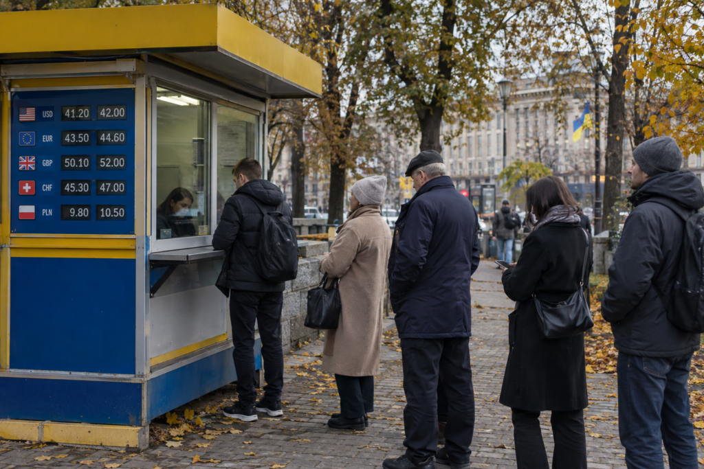 Обмінний пункт на вулиці в Україні, осінній настрій, люди в черзі