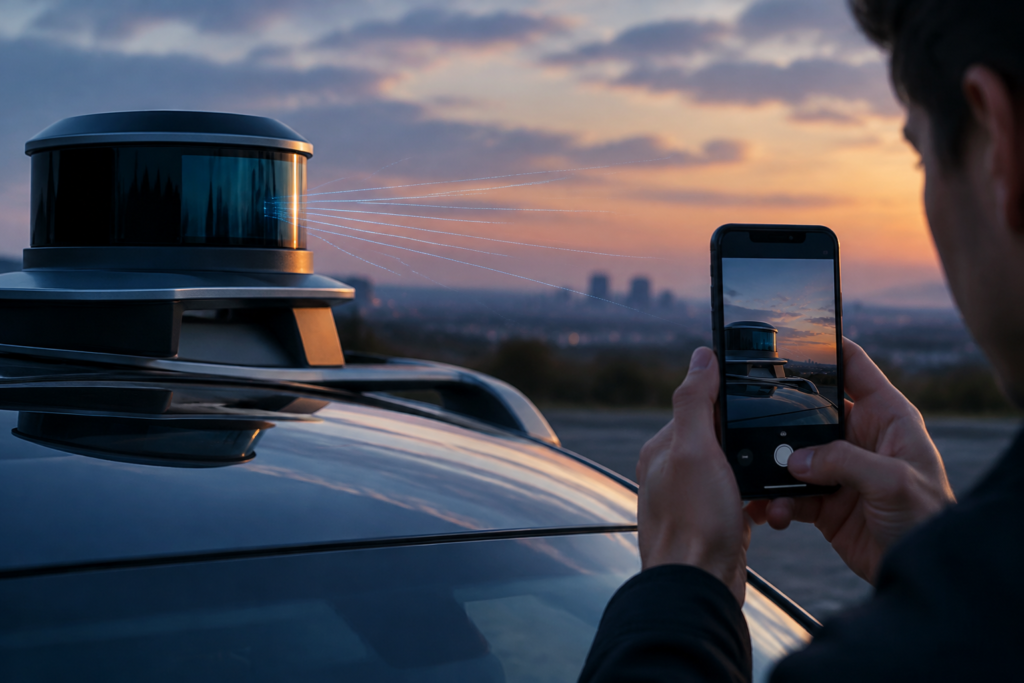 Крупний план LiDAR-датчика автомобіля з невидимими інфрачервоними променями поруч смартфон